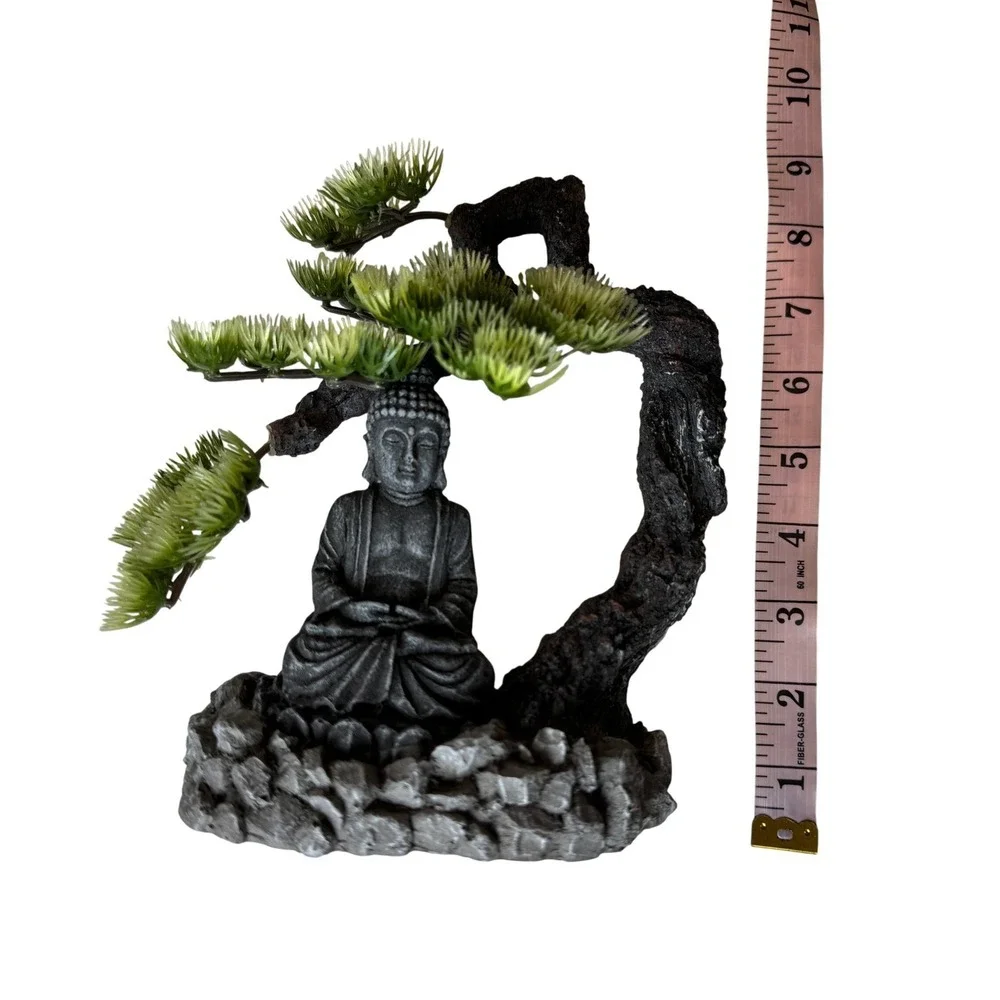 Buddha Statue with Bonsai Tree Aquarium Ornament Resin Zen Decor 8 Inch